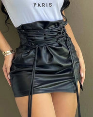 Lace-up PU Leather Mini Skirt