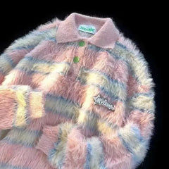 Vintage Striped Polo Collar Long Sleeve Loose Knit Sweater