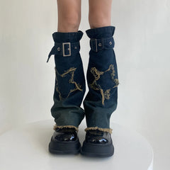 Gothic Star Strap Denim Cross Sock