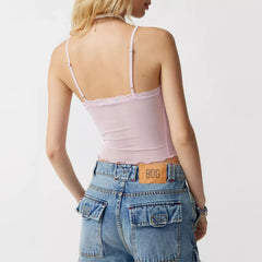 Sheer Mesh Lace V-Neck Backless Crop Top