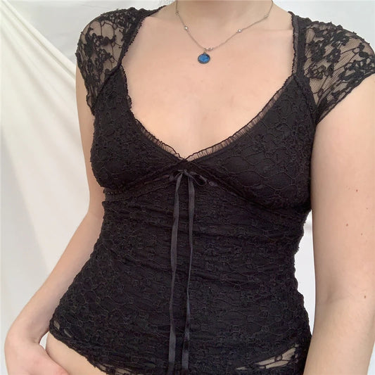 Fairycore Grunge V Neck Lace Crop Top