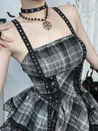 Eyelet Lace Plaid Patchwork High Waist Cake Mini Dress