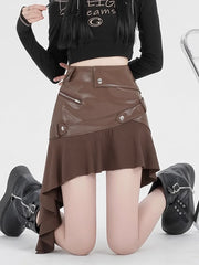 Irregular PU Leather Ruffle Skirt