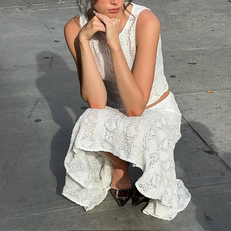 Slim Fit Lace Hollow Top with White Beach Skirt Crop Top