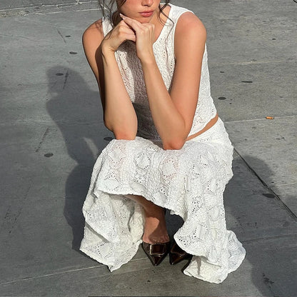Slim Fit Lace Hollow Top with White Beach Skirt Crop Top