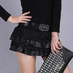 PU Leather Lace Patchwork Mini Skirt