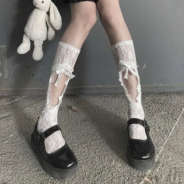 Gothic Black Calf Straps Hollow Sock
