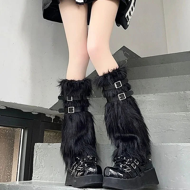 Gothic Cross Strap Fur Rabbit Sock