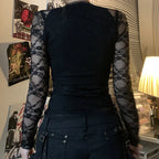Lace Trim Long Sleeve Mesh Top