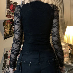 Lace Trim Long Sleeve Mesh Top
