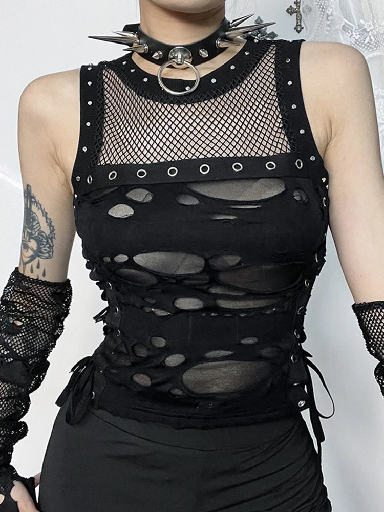 Cyber Y2K Hole Mesh Patchwork Crop Top