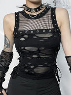 Cyber Y2K Hole Mesh Patchwork Crop Top