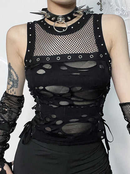 Cyber Y2K Hole Mesh Patchwork Crop Top