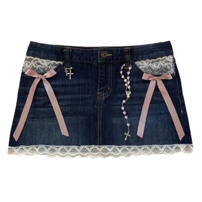 Rhinestone Denim Retro Black Skirt