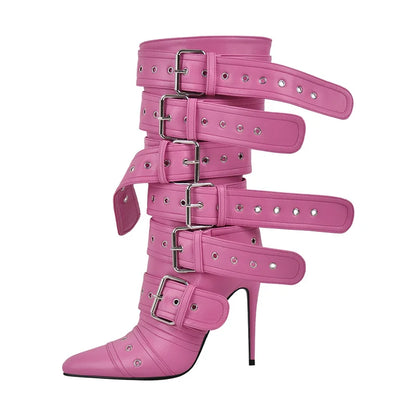 Pointed Toe Mid-Calf Buckle Stiletto Boot