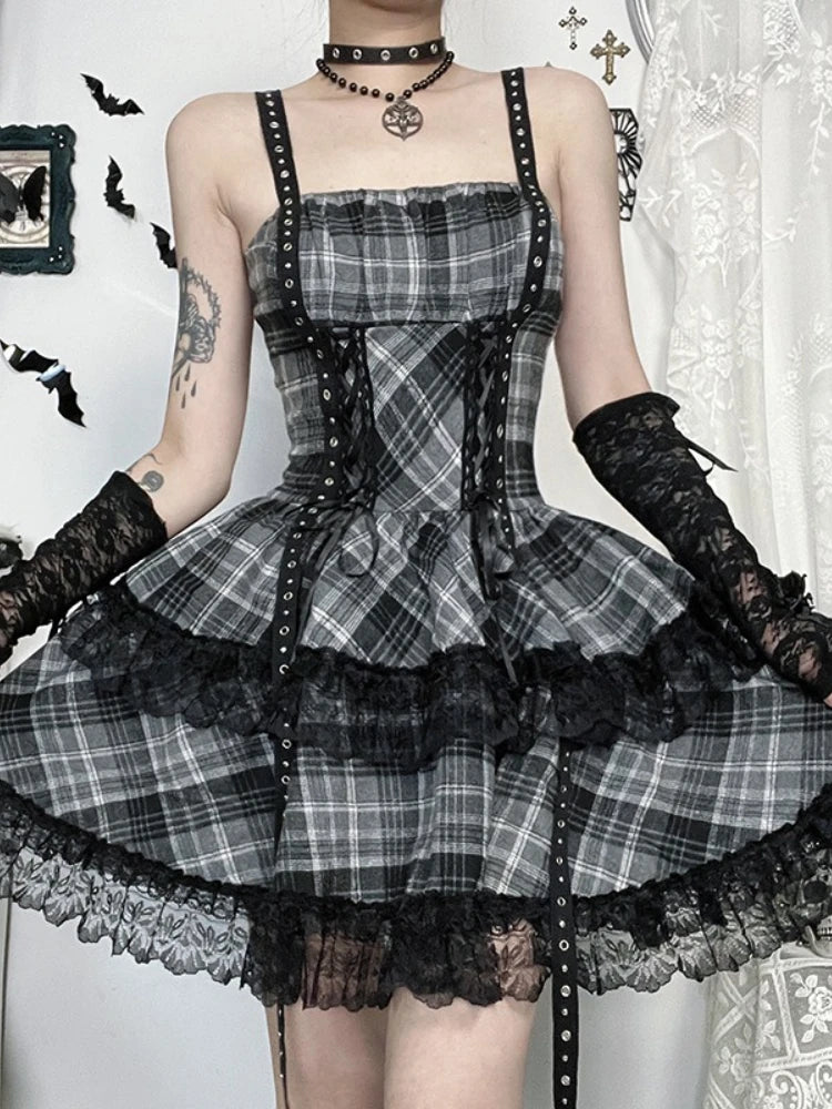 Eyelet Lace Plaid Patchwork High Waist Cake Mini Dress Secondary image