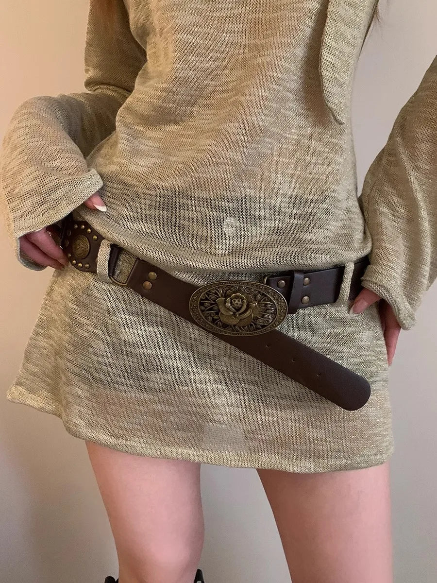 Retro Y2K Gothic Bohemian Wide Brown Belt Secondary image