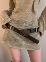 Retro Y2K Gothic Bohemian Wide Brown Belt