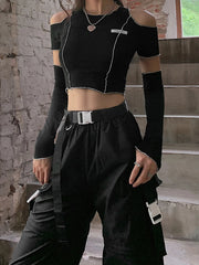 Patchwork Black One Shoulder Crop Top