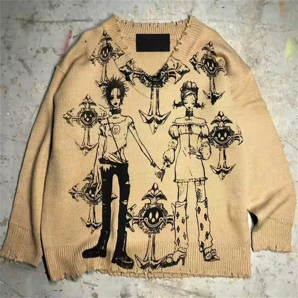 Dark Retro Y2K American Street Hooded Round Neck Loose Knit Sweater