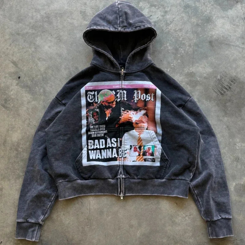 Gothic Punk Print Zip Hoodie