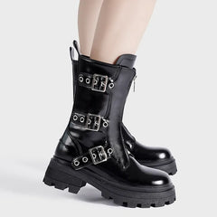 Rivet Belt Buckle Chunky Heeled Gothic Motorcycle Boot
