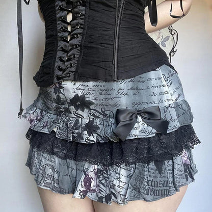 Letter Floral Print Ruffle Skirt