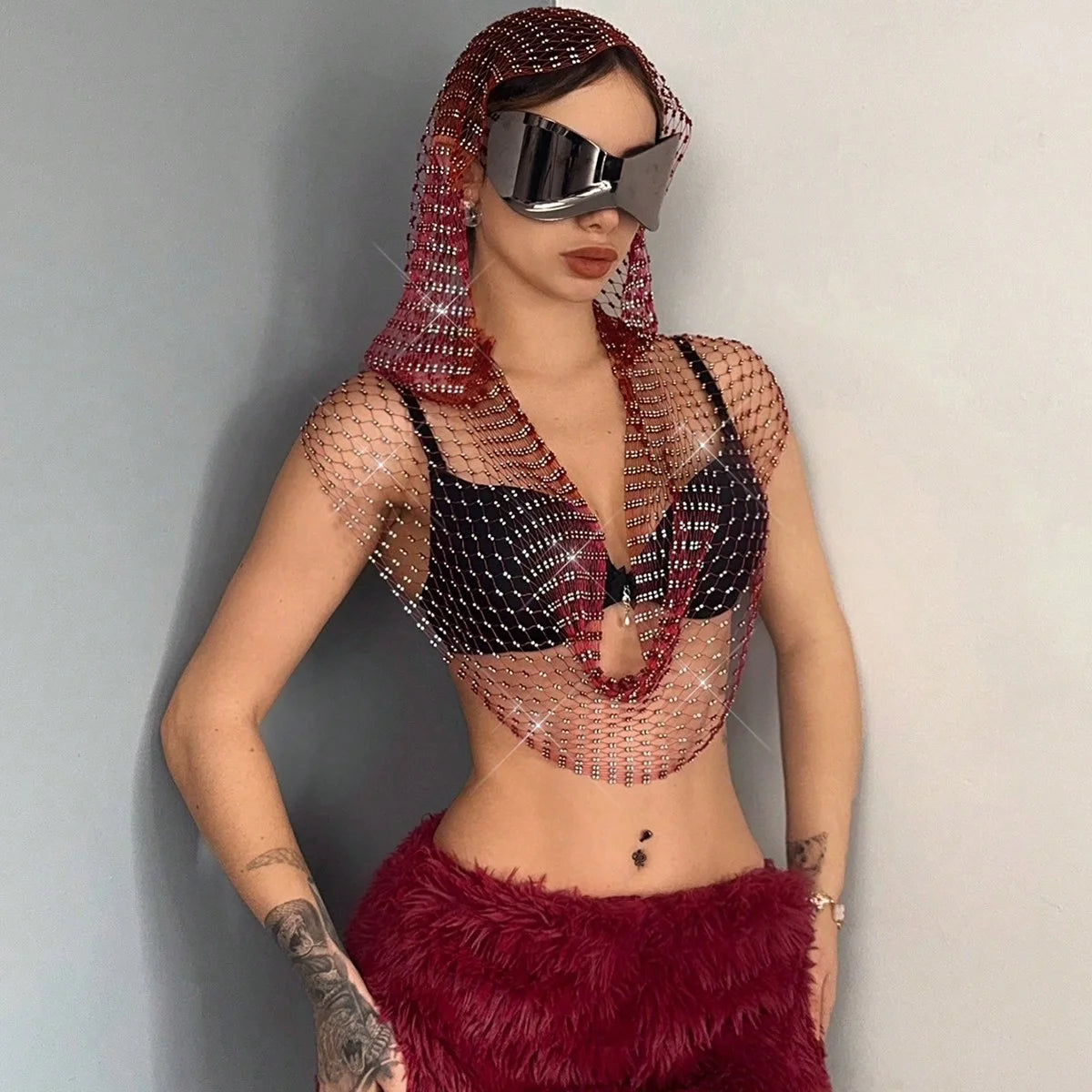 Deep V Rhinestone Fishnet Hollow Crop Top