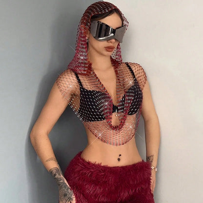 Deep V Rhinestone Fishnet Hollow Crop Top