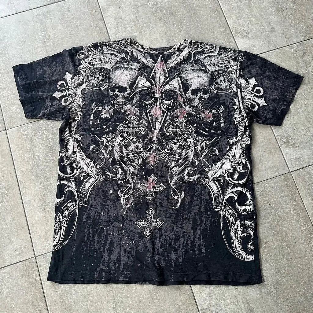 Skull Print Blue Cotton T-shirt