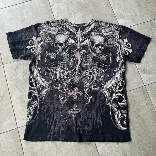 Skull Print Blue Cotton T-shirt