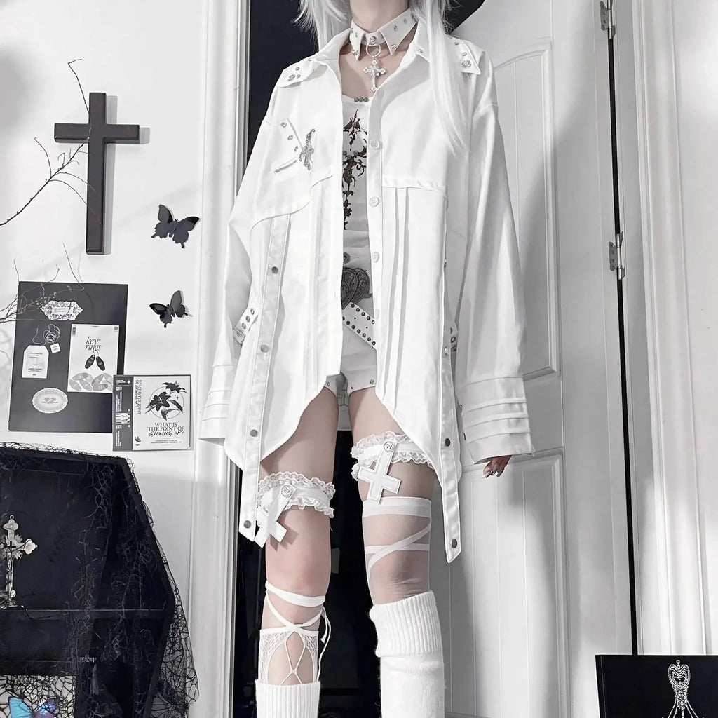 Gothic Metal Accent Tie Blouse