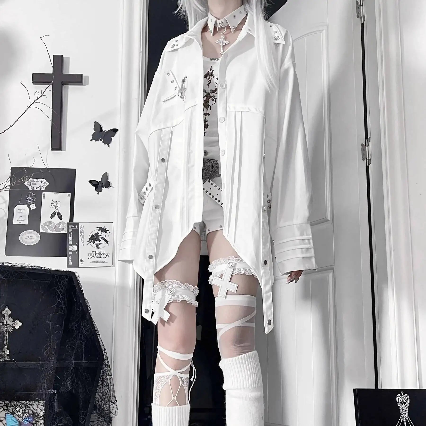 Gothic Metal Accent Tie Blouse