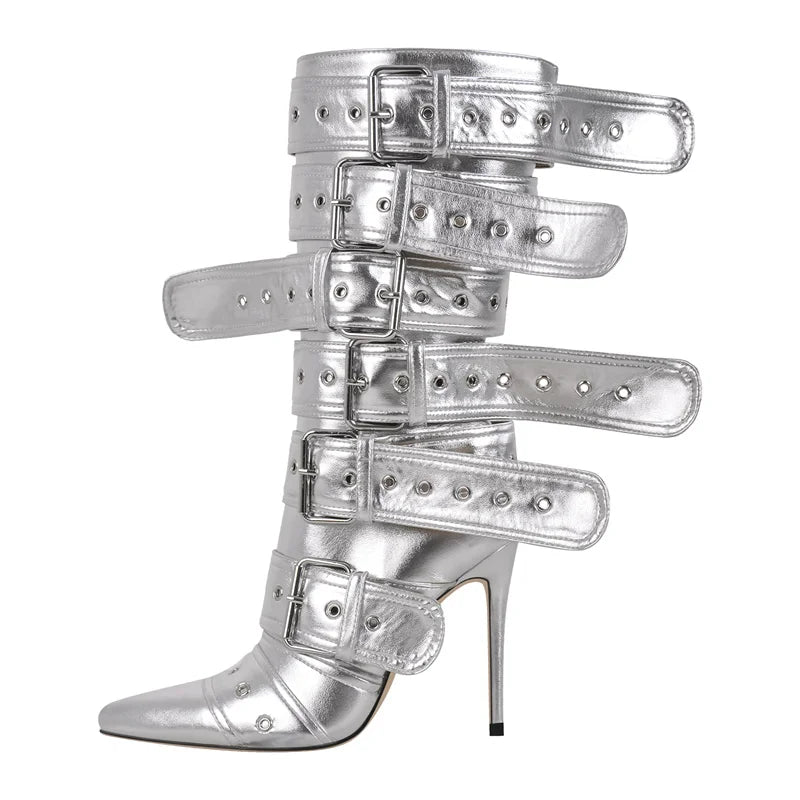Pointed Toe Mid-Calf Buckle Stiletto Boot