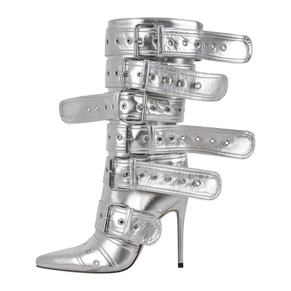 Pointed Toe Mid-Calf Buckle Stiletto Boot