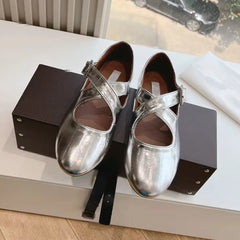 Small Niche Round Toe Cross Silver Mary Jane Flat