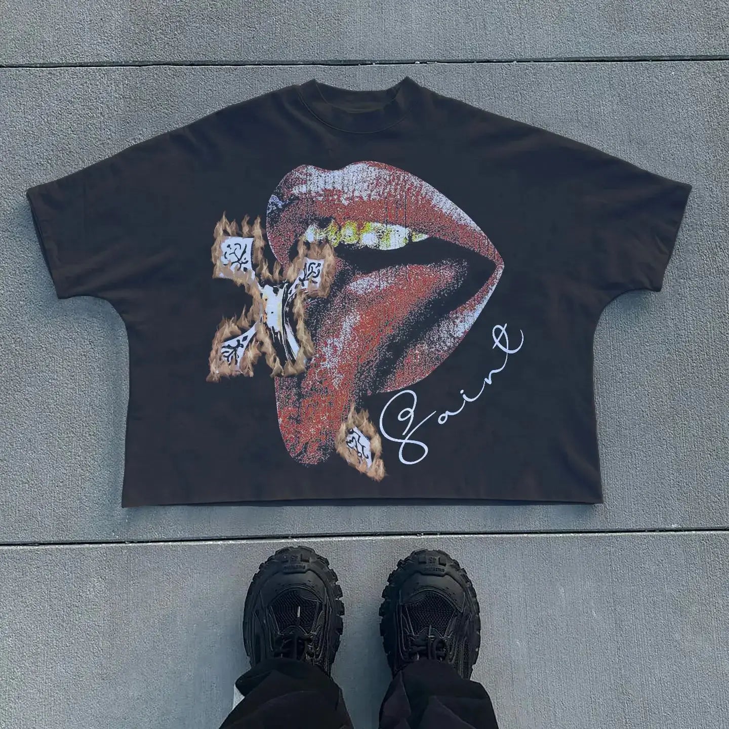 Gothic Retro Cross Pattern Cotton T-shirt Main image