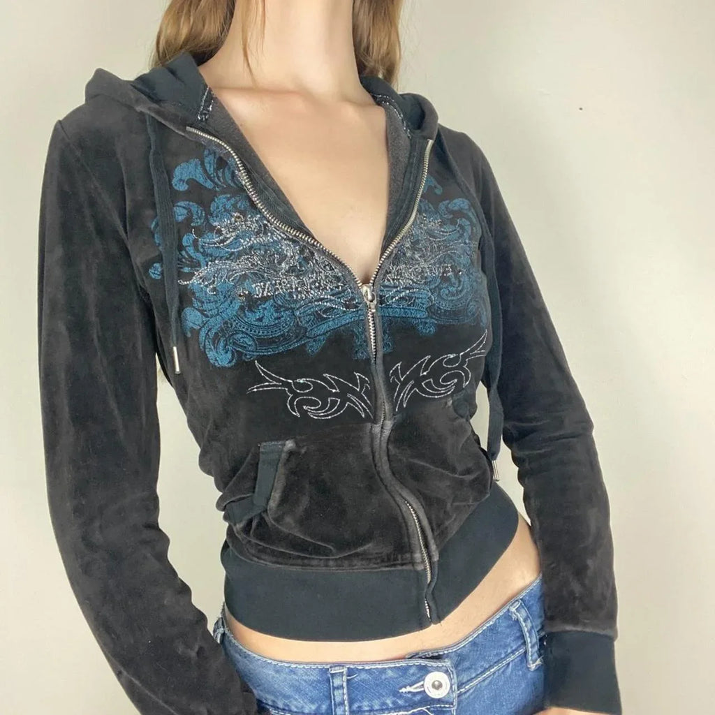 Gothic Rhinestone Zip Cardigan Hoodie