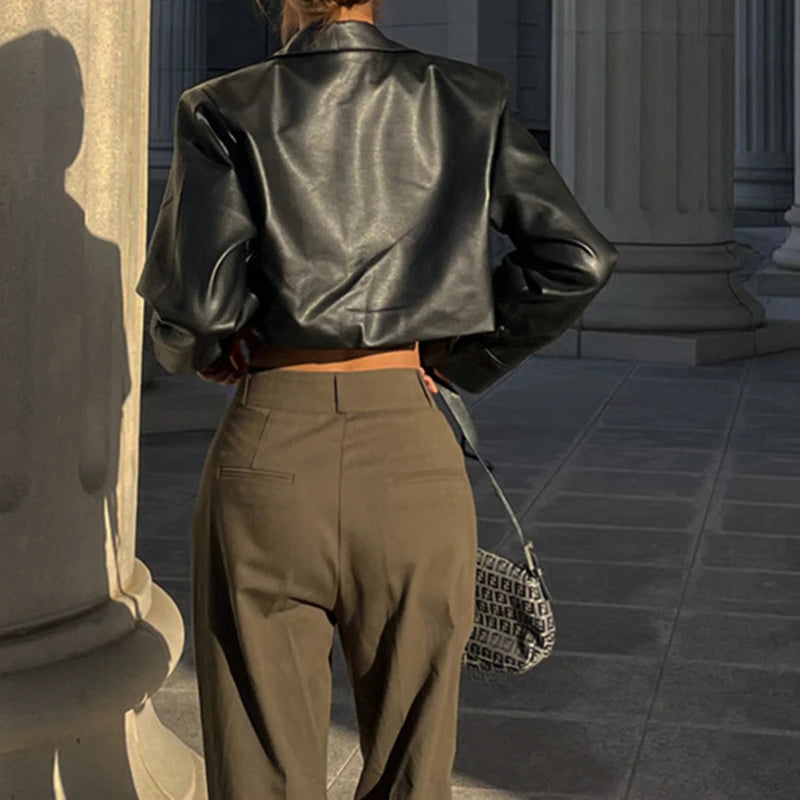 Button Detail Short Faux Leather Jacket