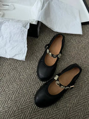 Soft Soled Genuine Leather Small Gold Buckle Ballet Flat