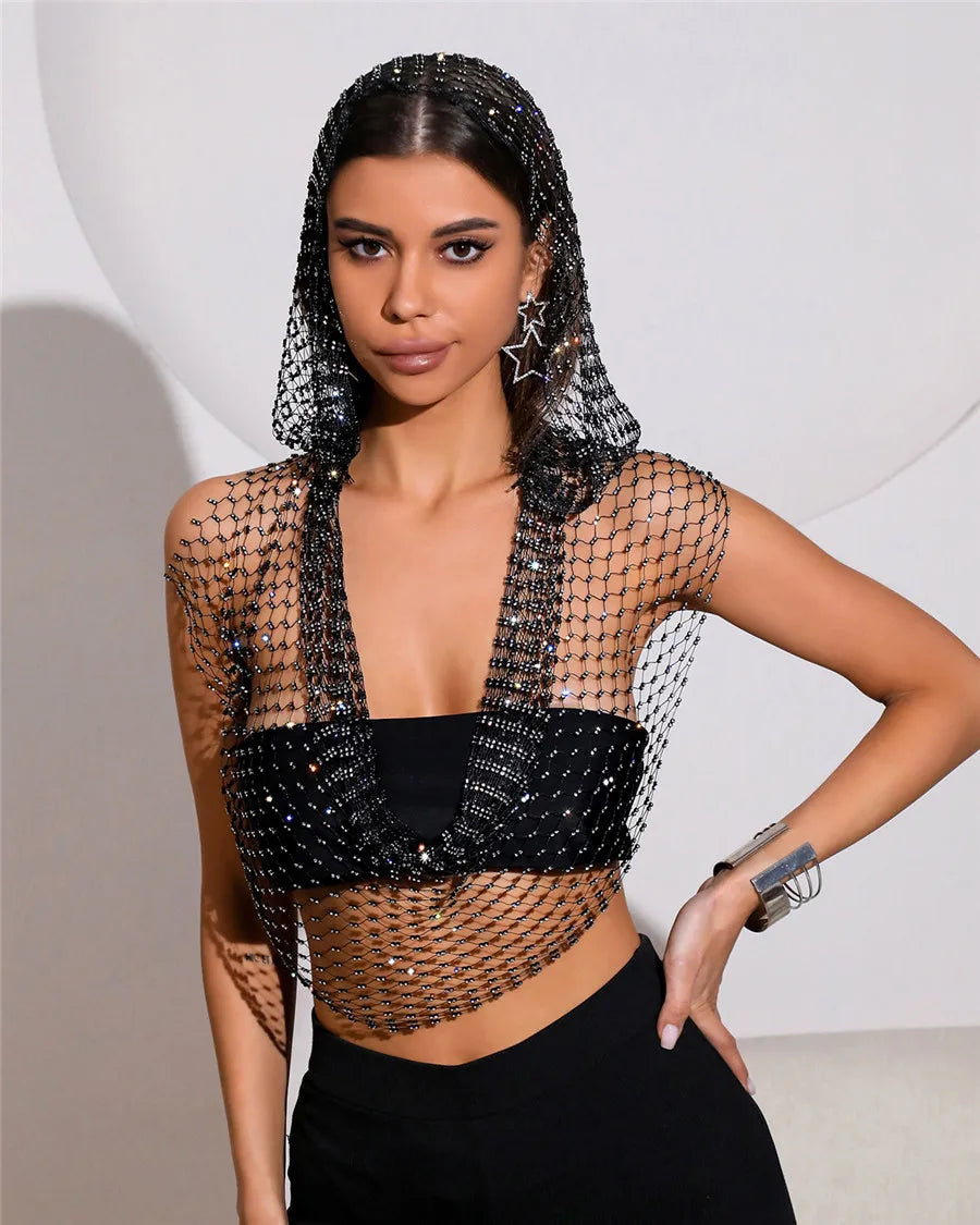 Deep V Rhinestone Fishnet Hollow Crop Top Main image