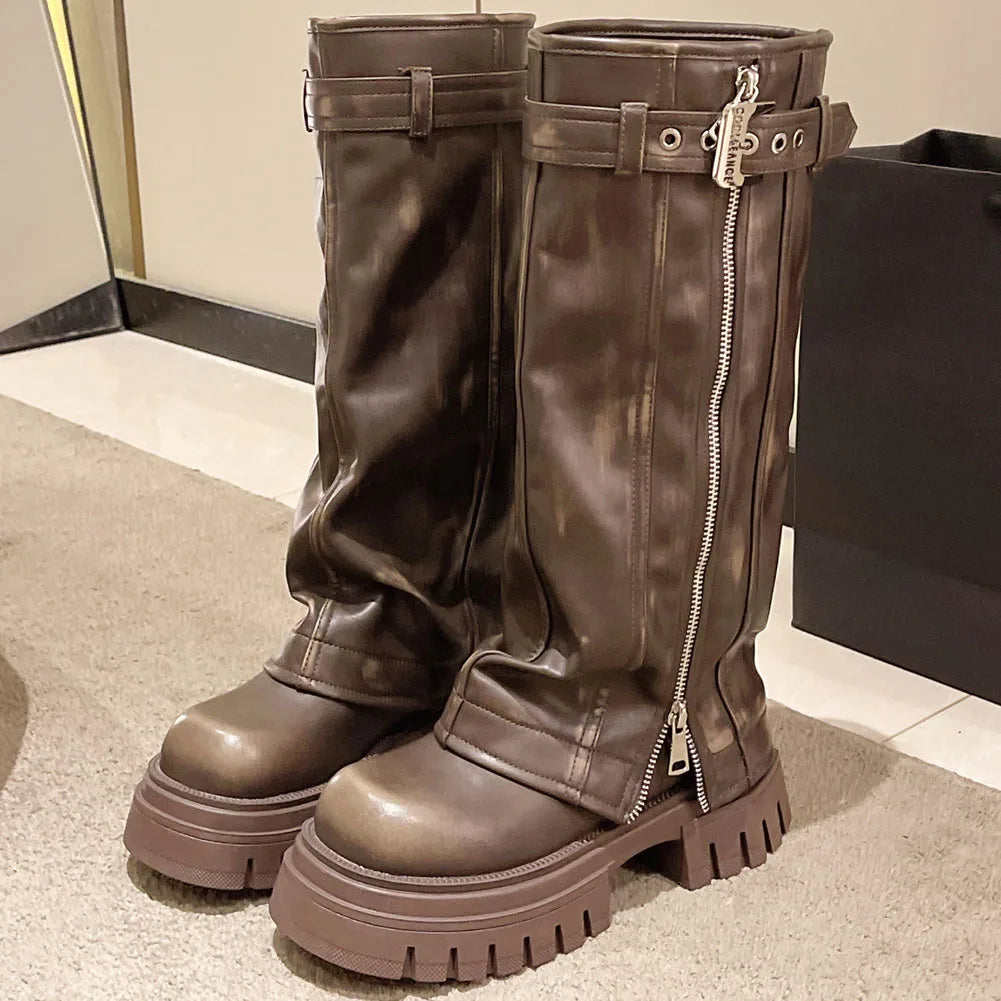 Platform Fold Knee High Gothic Belt Buckle Boot