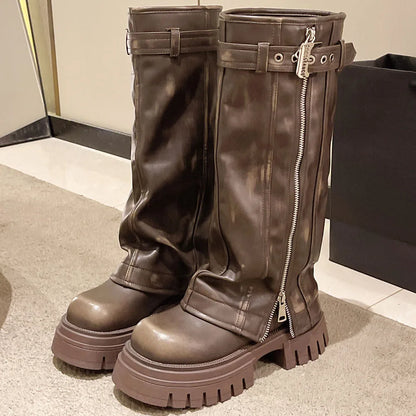 Platform Fold Knee High Gothic Belt Buckle Boot