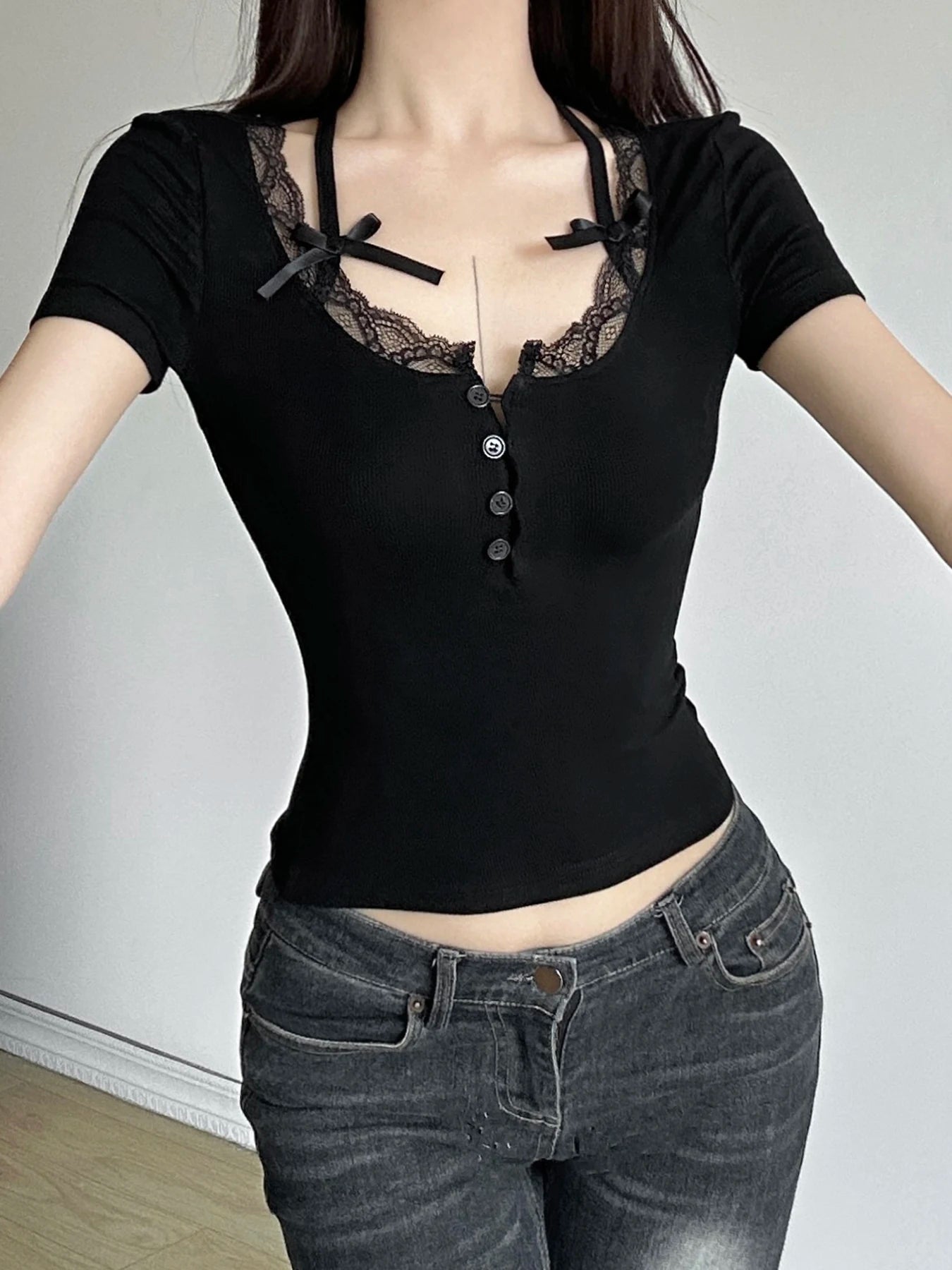 Lace Trim Bow Button Up Y2K Crop Top