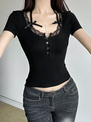 Lace Trim Bow Button Up Y2K Crop Top