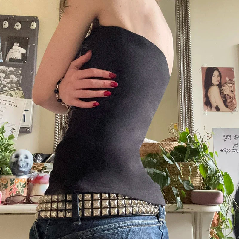 Gothic Print Strapless Black Crop Top