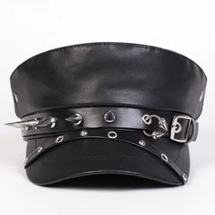 Unisex Punk Retro Military Rivet Buckle Leather Flat Top Beret Hat