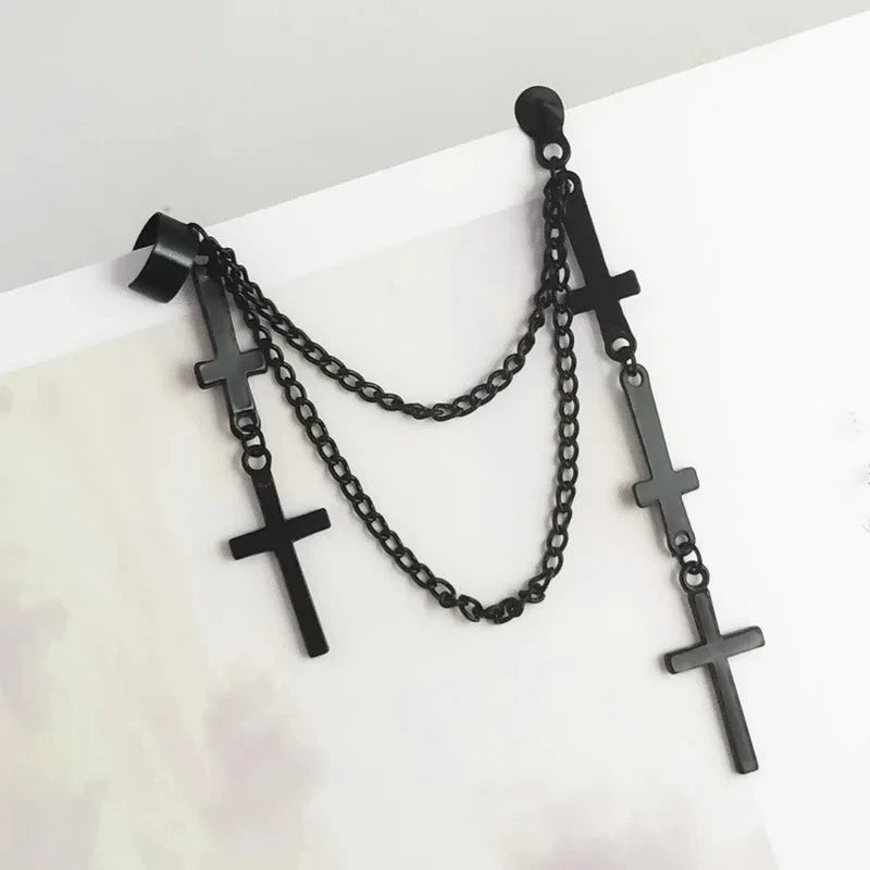 Unisex Punk Cross Tassel Chain Clip Earring