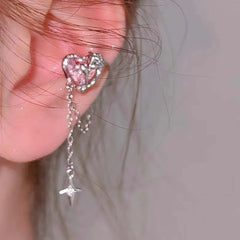 Pink Crystal Heart Star Tassel Clip Earring