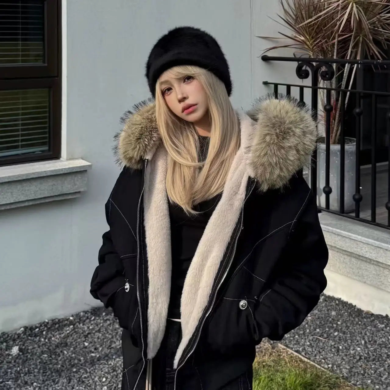 Hooded Stand Collar Plush Coat Secondary image